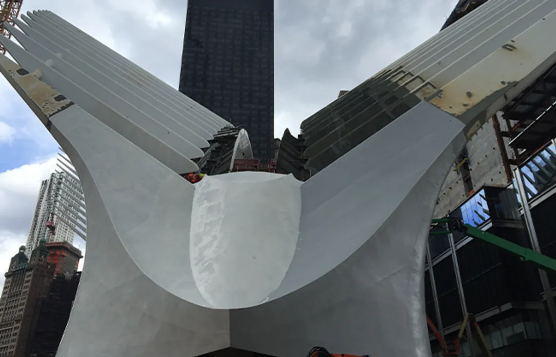 The steel rib structure of the Oculus Pavilion during the later stages of construction.