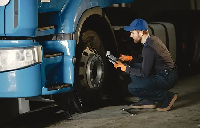 A truck wheel being inspected by a mechanic.